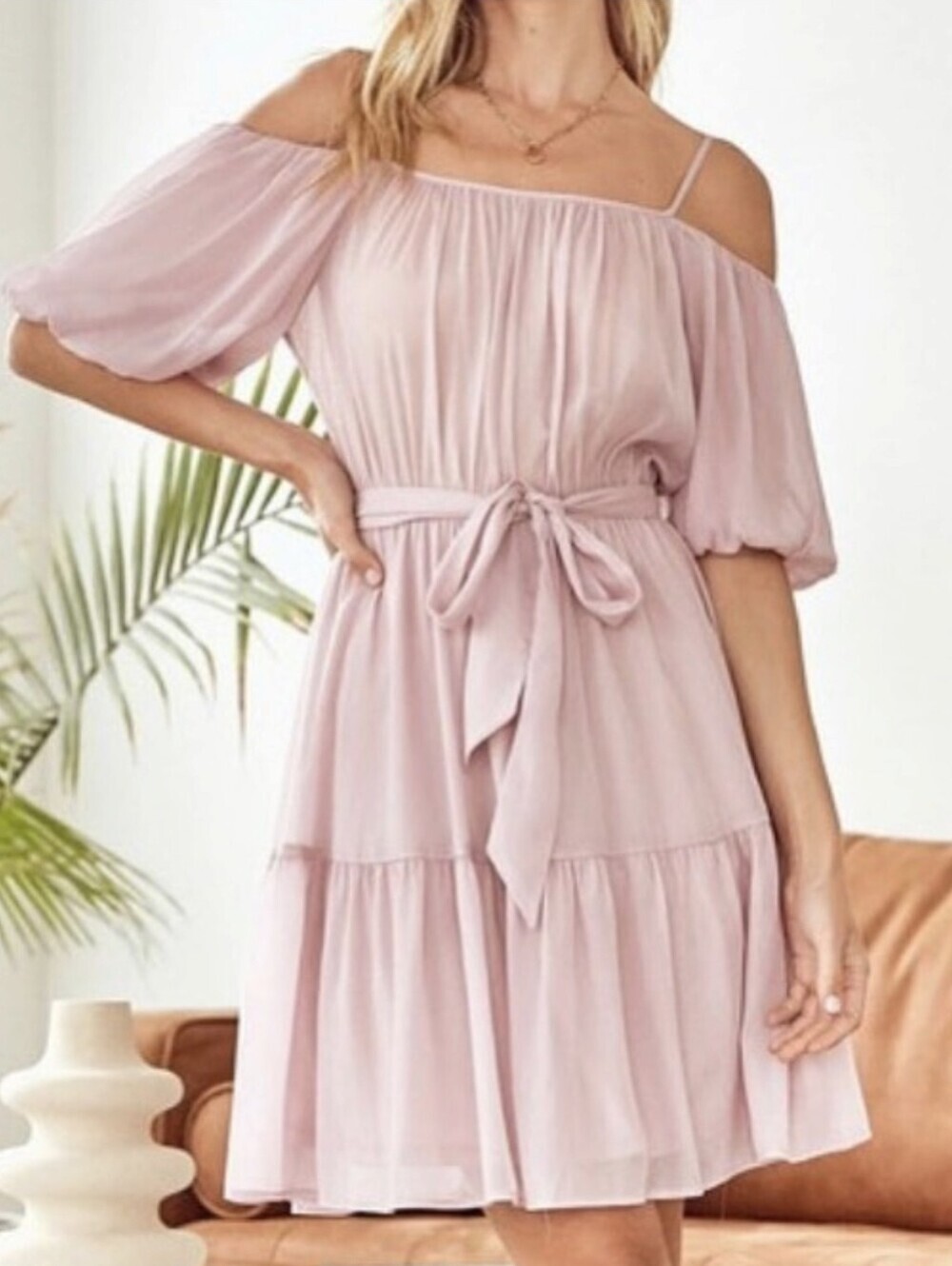 ANDREE BY UNIT Pink Off-Shoulder Tie-Waist Mini Dress